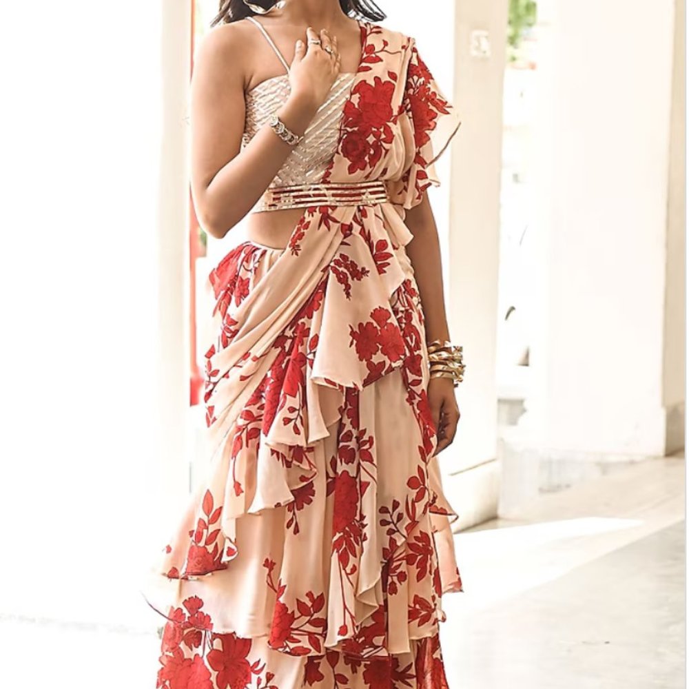 Palak and Mehak Beige Printed Pre-Stitched Frilled Saree Set Size Small